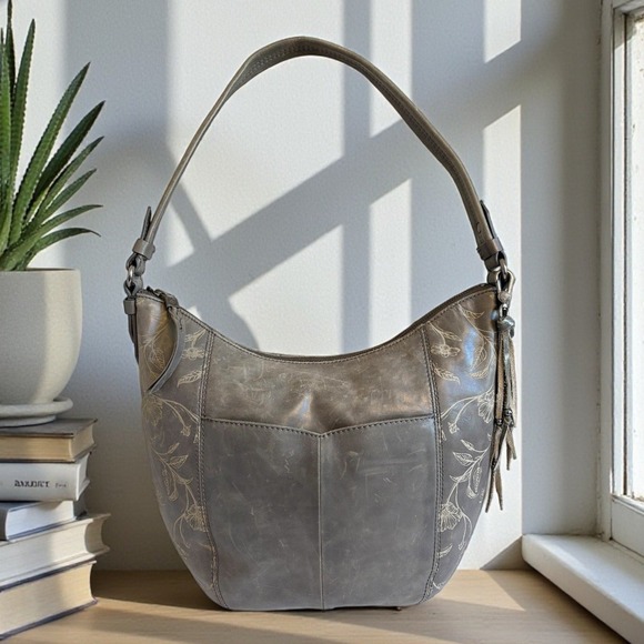 The Sak Gray Leather Handbag Floral Embossed Hobo Shoulder Bag - Picture 8 of 9